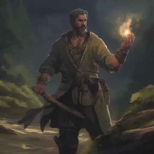 Prompt: (Full body) male stocky fantasy-ranger with short salt and pepper hair and beard, casting an nature spell, in nature at night, pathfinder, d&d setting, in a realistic digital art style