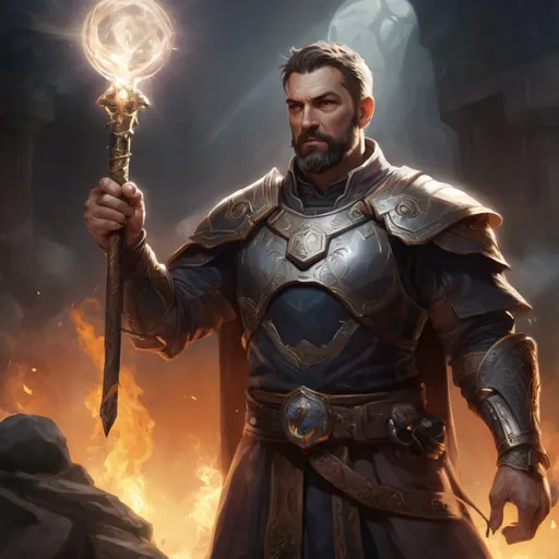 Prompt: (torso) Male stocky large mature fit battle-mage with short-cut hair and beard, engaged in combat casting a light-spell  nature, pathfinder, d&d setting, realistic, enhanced shadow quality