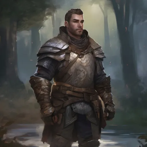 Prompt: (Full body) male stocky young royal noble with short-cut hair and beard, in a dark room, pathfinder, d&d setting, in a realistic digital art style