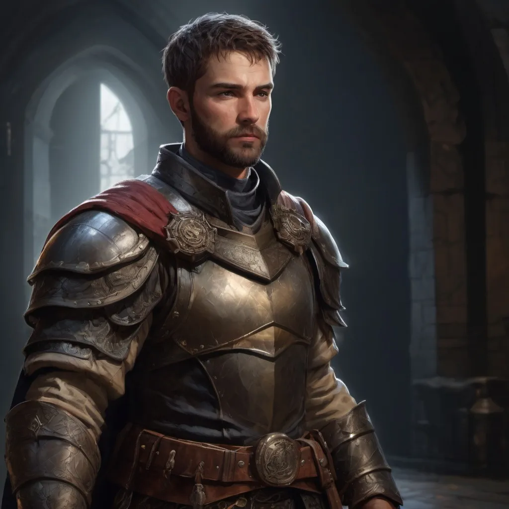 Prompt: Male stocky large masculine holy-knight with short-cut hair and beard, exploring a dark trasure room, pathfinder, d&d setting, realistic, enhanced shadow quality
