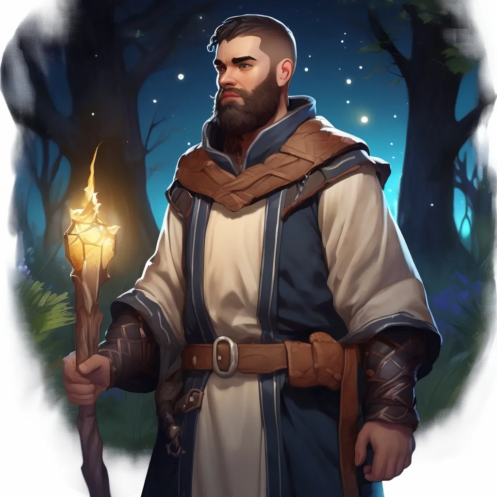 Prompt: (Full body) male magical stocky cleric with short hair and beard, in nature at night, pathfinder, d&d setting, in a realistic digital art style