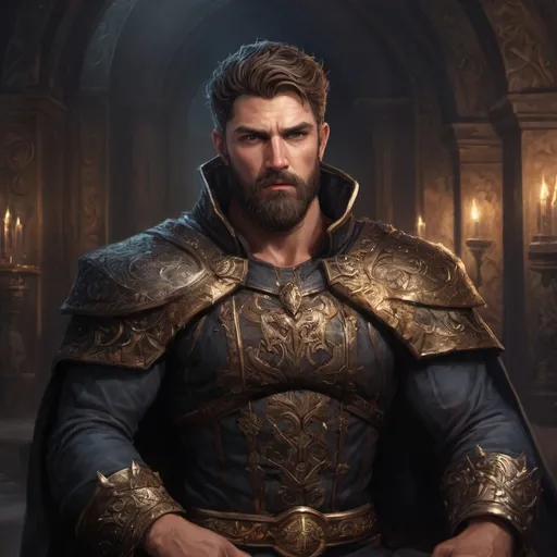 Prompt: (Full body) male stocky masculine manly hunky royal king with short hair and beard, hairy chest, in a dark throne room, pathfinder, d&d setting, in a realistic high quality digital art style