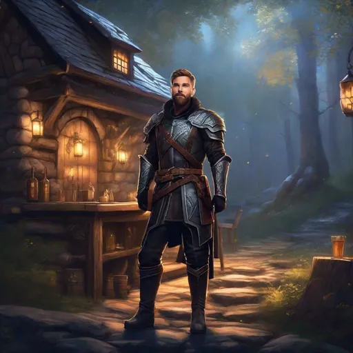 Prompt: (Full body) calvin harris as a ranger in leather armor, bearded, short hair, fantasy setting, boots, belt, standing outside a tavern in the woods at night, in a realistic digital art style