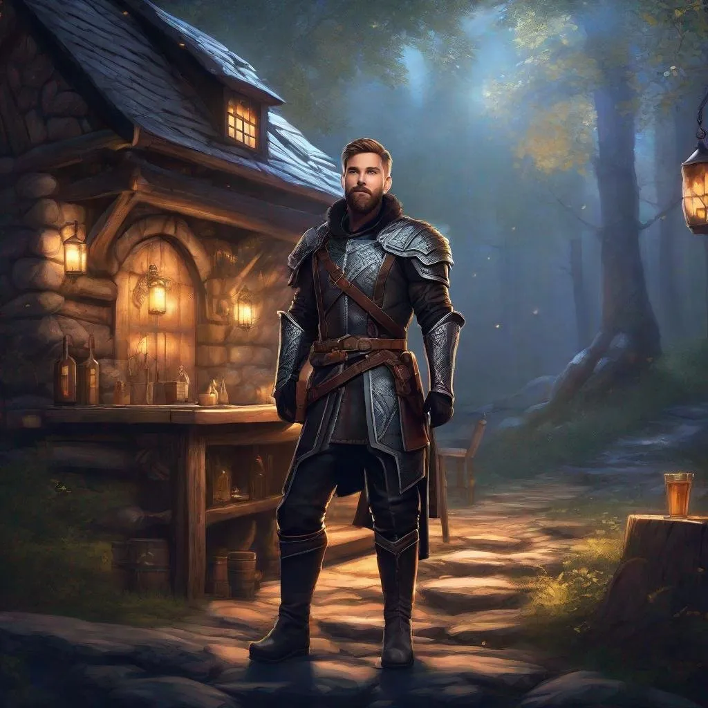 Prompt: (Full body) calvin harris as a ranger in leather armor, bearded, short hair, fantasy setting, boots, belt, standing outside a tavern in the woods at night, in a realistic digital art style