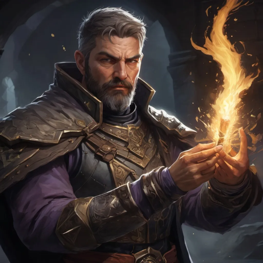 Prompt: Male stocky large mature warlock with short-cut hair and beard, engaged in combat casting a bright spell inside of a dark dungeon, pathfinder, d&d setting, in a realistic high quality digital art style, enhanced shadow quality, colorful