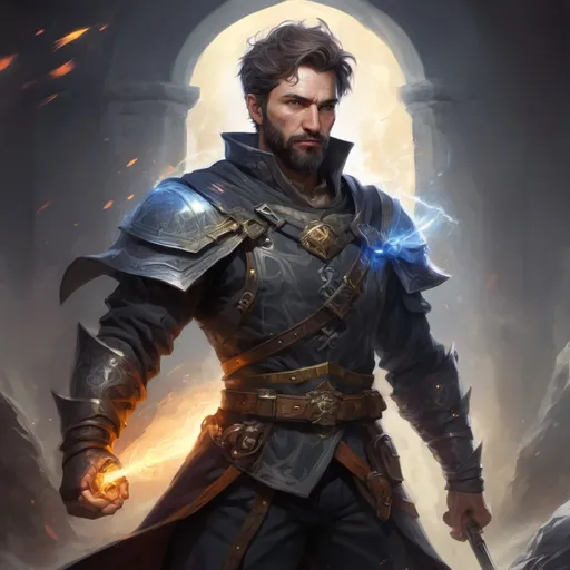 Prompt: Male stocky  mature illusion-mage with short-cut hair and beard, on a battlefield, in combat, casting a whitespell, pathfinder, d&d setting, in a realistic high quality digital art style, enhanced shadow quality, colorful