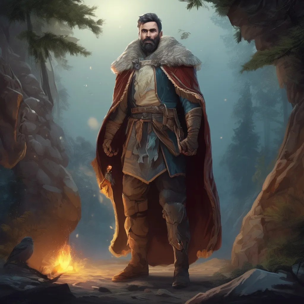 Prompt: (Full body) male handsome large muscular young arctic wizard with short hair and beard, outside of a cave by a forest at night, pathfinder, d&d setting, in a realistic high quality digital art style