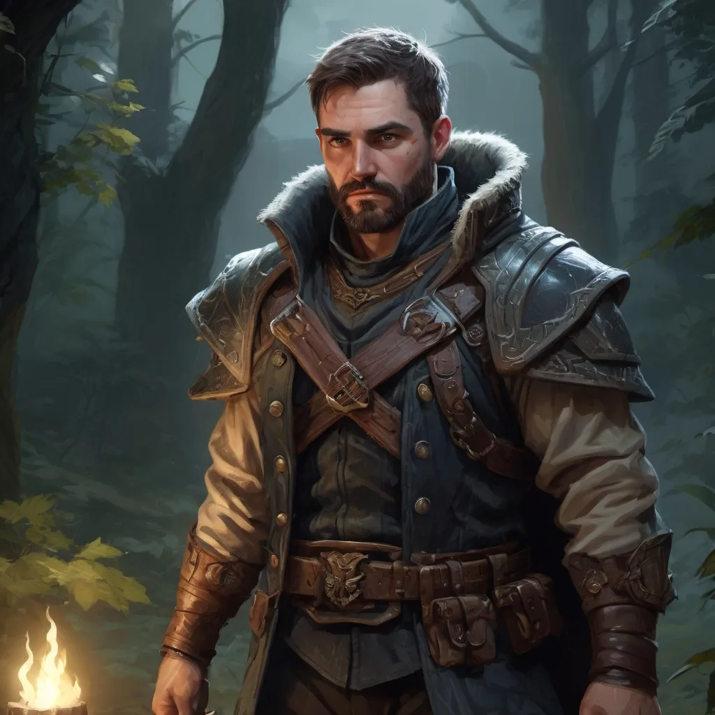 Prompt: Male stocky heavy-set mature fantasy-ranger with short-cut hair and beard, outside of fantasy forest at night, pathfinder, d&d setting, in a realistic high quality digital art style, enhanced shadow quality