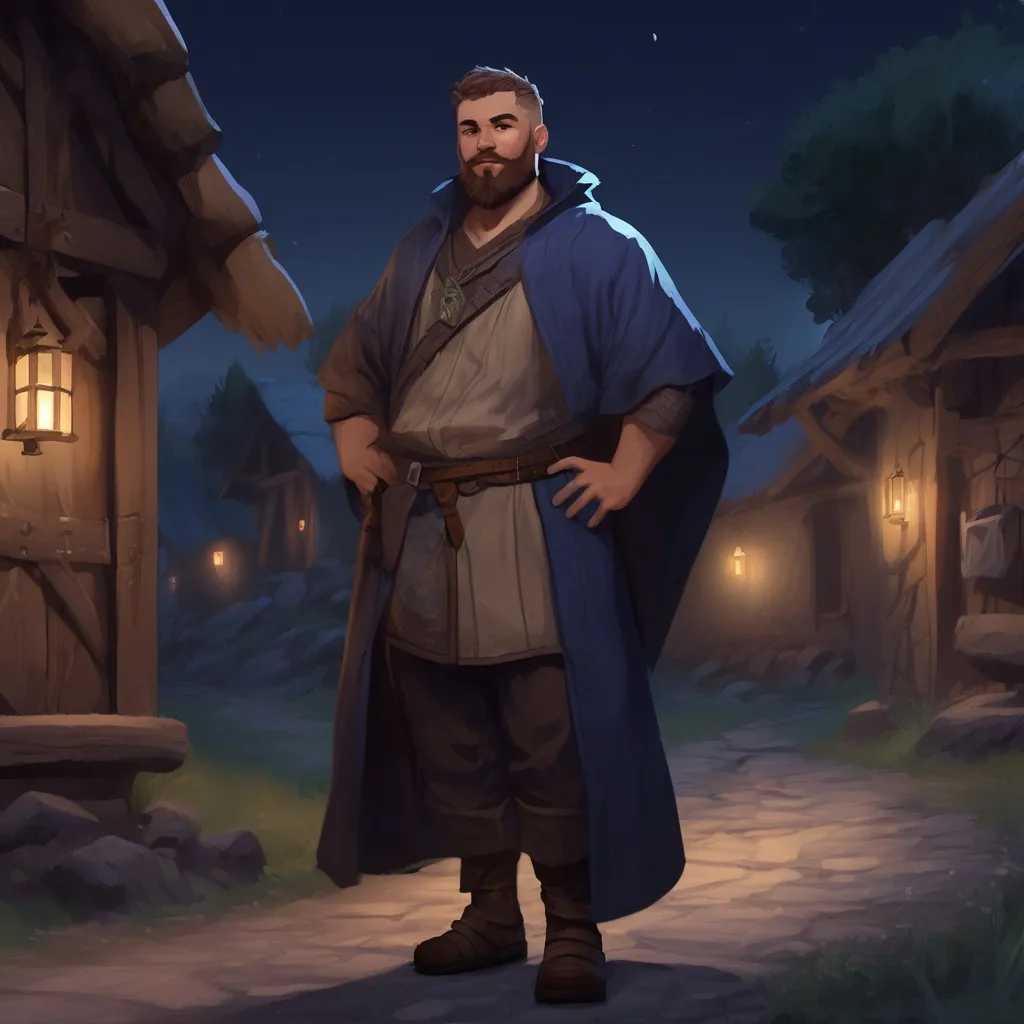 Prompt: (Full body) male thick manly mage with short hair and beard, outside of a village at night, pathfinder, d&d setting, in a realistic digital art style