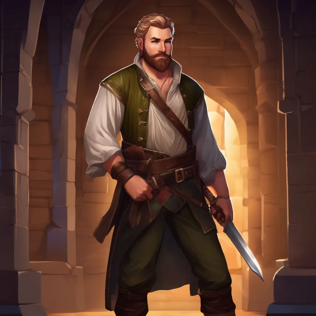 Prompt: (Full body) male stocky flirty bard with short hair and beard, holding a weapon, open shirt hairy-chested, in a dark hall, pathfinder, d&d setting, in a realistic digital art style