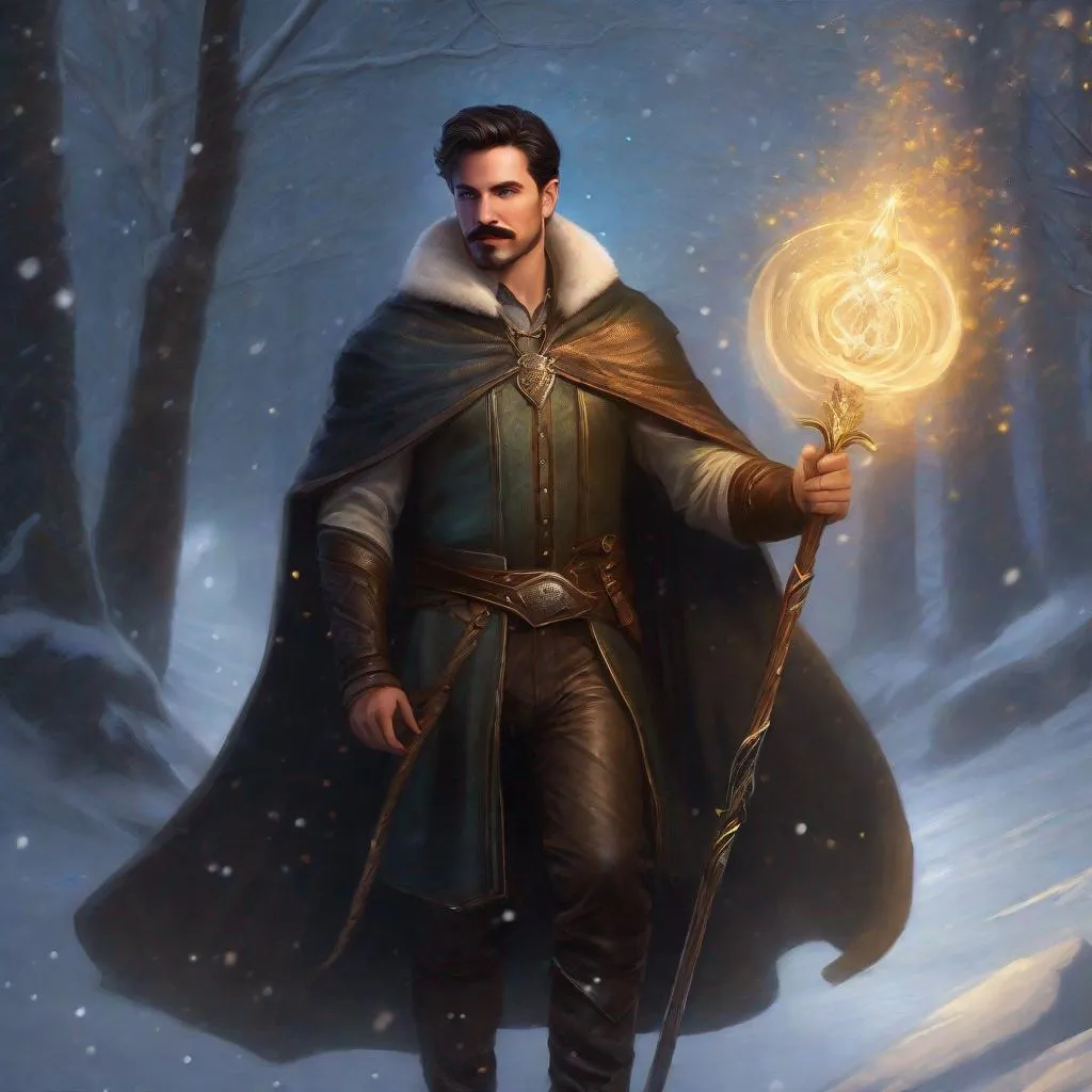 Prompt: (Full body) a male magus with mustache and stubble short-cut dark hair, handsome manly face, belt, boots, leather pants, holding magical staff, swirly lights, standing outside of a snowy forest, fantasy setting, dungeons & dragons, in a painted style realistic art