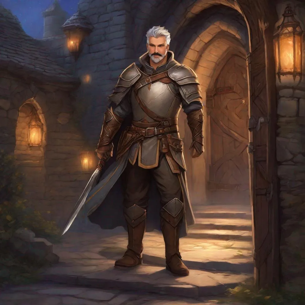 Prompt: (Full body) A hairy broad-chested large handsome male magus with short-cut grey hair a mustache and stubble, pathfinger,  armor, dungeons and dragons, hairy chest, brown boots, fantasy setting, coming out a large towngate late at night, in a painted style realistic art