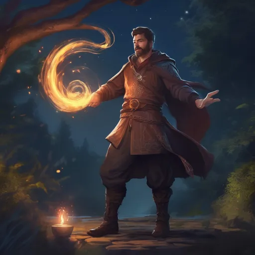 Prompt: (Full body) male stocky summoner with short hair and beard, big arms, in nature at night, casting a big magical swirly spell, pathfinder, d&d setting, in a realistic digital art style