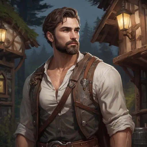 Prompt: male handsome large muscular young templar with short hair and beard, outside of a tavern by a forest at night, pathfinder, d&d setting, in a realistic high quality digital art style