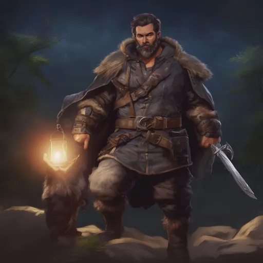 Prompt: (Full body) male stocky big-chested hairy-chested rogue bandit with short hair and beard, in nature at night, pathfinder, d&d setting, in a realistic digital art style