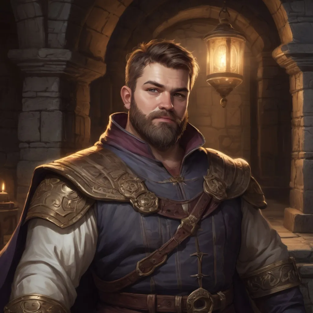 Prompt: Male stocky beefy fat royal noble with short-cut hair and beard, big belly, inside a temple dungeon at night, pathfinder, d&d setting, in a realistic high quality digital art style, enhanced shadow quality