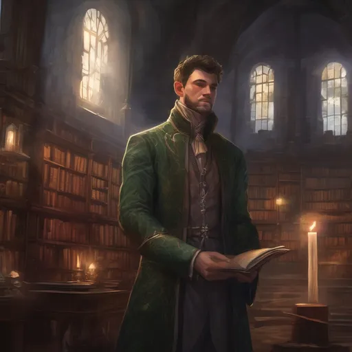 Prompt: (Full body) male stocky young warlock with short hair and beard, casting swirly eldritch spell, in a dark castle library, pathfinder, d&d setting, in a realistic high quality digital art style