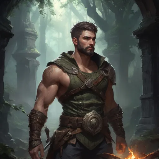 Prompt: Male stocky muscular arcanist with short-cut hair and beard, exploring a dark forest temple ruin, pathfinder, d&d setting, in a realistic high quality digital art style, enhanced shadow quality, very colorful picture