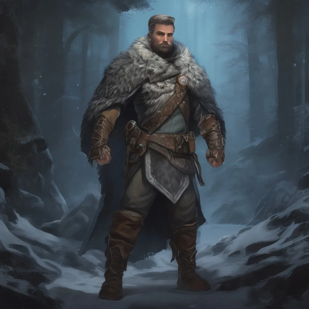 Prompt: (Full body) male handsome large muscular young arctic wizard with short hair and beard, outside of a cave by a forest at night, pathfinder, d&d setting, in a realistic high quality digital art style