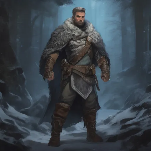 Prompt: (Full body) male handsome large muscular young arctic wizard with short hair and beard, outside of a cave by a forest at night, pathfinder, d&d setting, in a realistic high quality digital art style