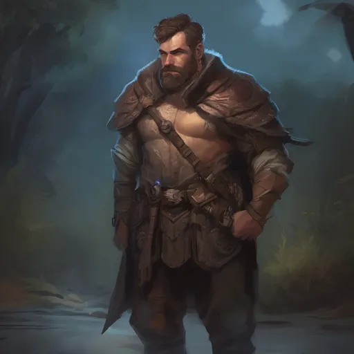 Prompt: (Full body) male stocky big-chested hairy-chested paladin with short hair and beard, no shirt on, in nature at night, pathfinder, d&d setting, in a realistic digital art style