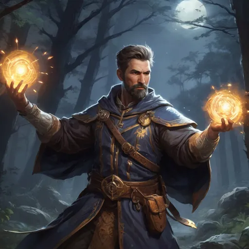 Prompt: Male stocky large mature cleric with short-cut hair and beard, engaged in combat casting a magic-ray out of hands in nature at night, pathfinder, d&d setting, in a realistic high quality digital art style, enhanced shadow quality, colorful