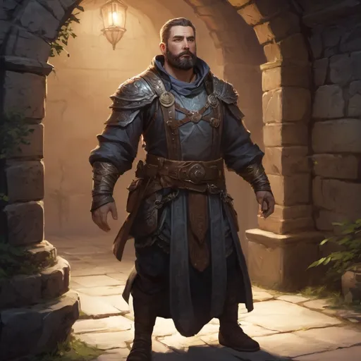 Prompt: (Full body) male stocky heavy-set oracle with short hair and beard, outside of a dungeon entrance in nature at night, pathfinder, d&d setting, in a realistic high quality digital art style, enhanced shadow and light