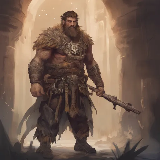 Prompt: (Full body) male stocky druid with short-cut hair and beard, holding magical tree staff, in a dark temple dungeon, no shirt on, cloak, heavy belt, pathfinder, d&d setting, in a realistic digital art style