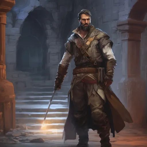 Prompt: (Full body) male sneaky rogue with short-cut hair and beard, holding dagger, in a dark underground dungeon temple, pathfinder, d&d setting, in a realistic digital art style