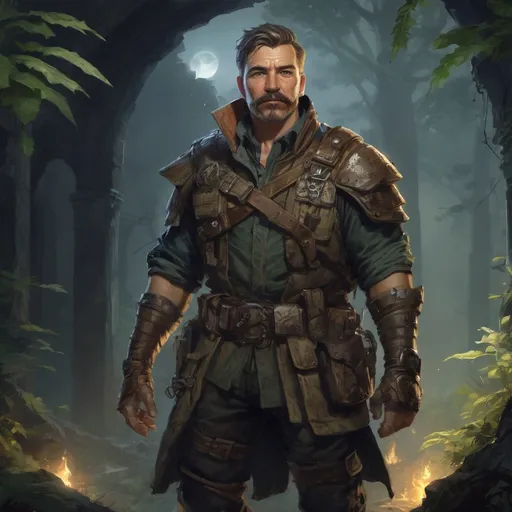 Prompt: Male stocky large mature bounty-hunter, with short hair and mustache, in a ruin in a forest at night  pathfinder, d&d setting, in a realistic high quality digital art style, enhanced shadow quality