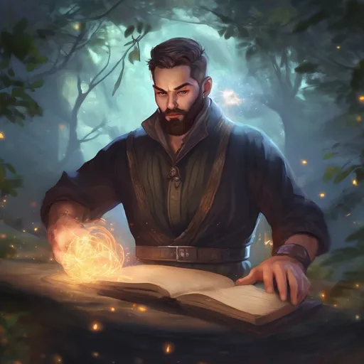 Prompt: (Full body) male stocky summoner with short hair and beard, big arms, in nature at night, casting a big magical spell, pathfinder, d&d setting, in a realistic digital art style