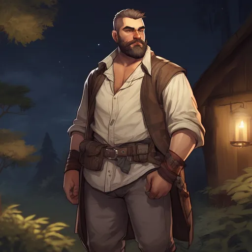 Prompt: (Full body) male stocky big-chested bandit with short hair and beard, open shirt, in nature at night, pathfinder, d&d setting, in a realistic digital art style