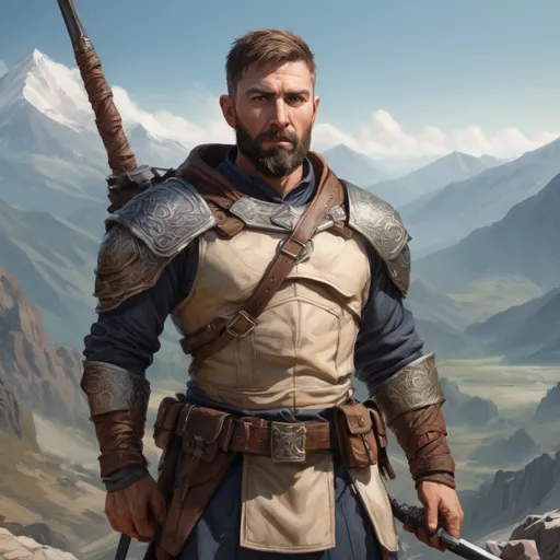 Prompt: Male heavy-set mature spearman with short-cut hair and beard, holding weapon, in a mountain valley, in combat, pathfinder, d&d setting, in a realistic high quality digital art style, enhanced shadow quality