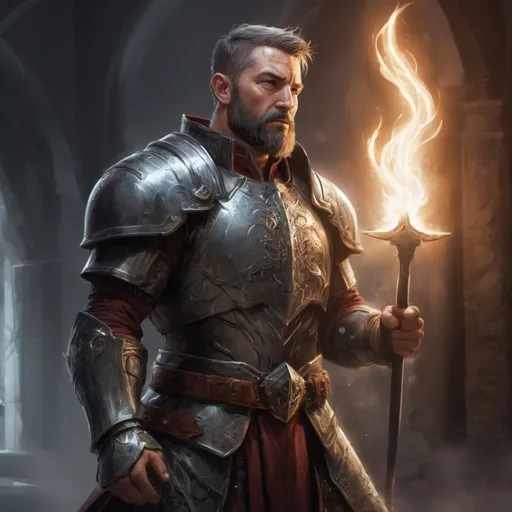 Prompt: Male stocky large mature muscular holy-paladin in armor with short-cut hair and beard, engaged in combat casting a white-light spell in a dark tresure room, pathfinder, d&d setting, realistic, enhanced shadow quality