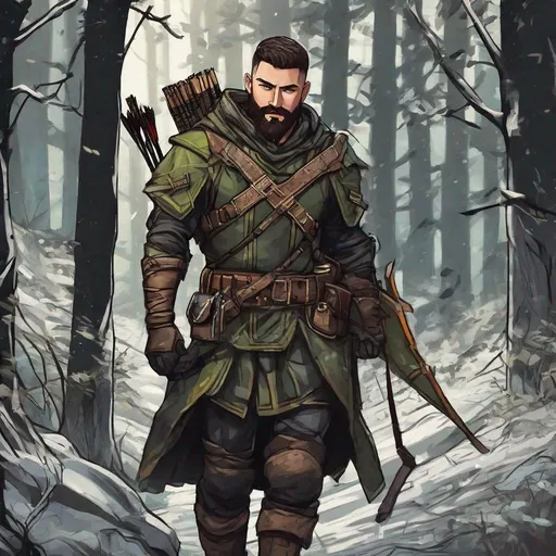 Prompt: (Full body) handsome male ranger with buzz-cut hair beard, dirt in the face, scar, manly face, holding a crossbow, pathfinder, dungeons and dragons, in a dark forest, in a painted style, realistic