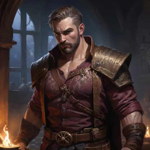 Prompt: Male stocky large muscular royal bard with short-cut hair and beard, exploring a dark tavern room, pathfinder, d&d setting, realistic, enhanced shadow quality