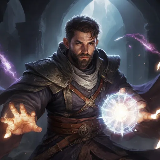 Prompt: Male stocky large battle-mage with short-cut hair and beard, engaged in combat casting a white-light spell inside of a dark dungeon, pathfinder, d&d setting, in a realistic high quality digital art style, enhanced shadow quality, colorful