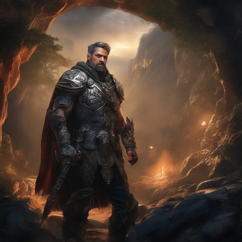 Prompt: (Full body) male handsome large muscular commander with short hair and beard, outside of a cave by a forest at night, pathfinder, d&d setting, in a realistic high quality digital art style