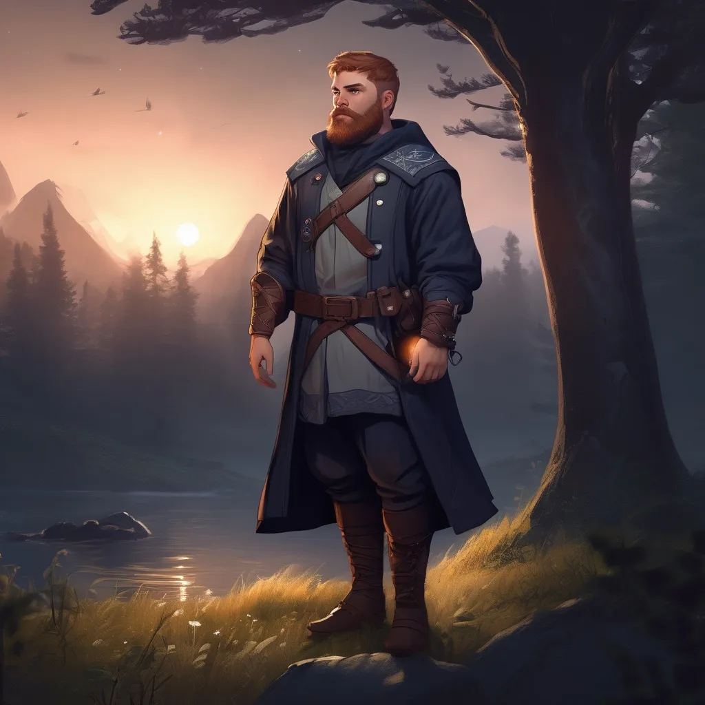 Prompt: (Full body) male stocky magical norwegian defender with short hair and beard, in nature at night, pathfinder, d&d setting, in a realistic digital art style