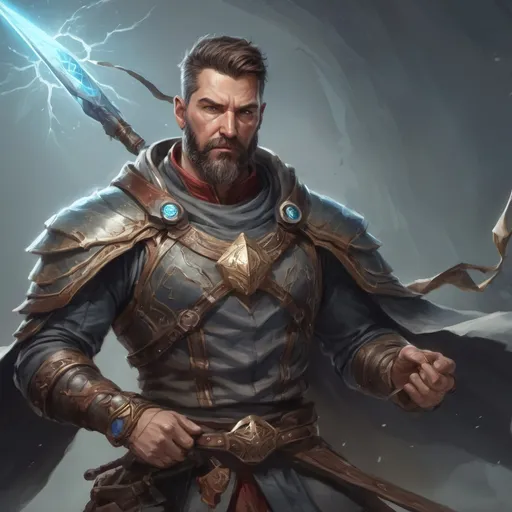 Prompt: (torso) Male stocky large fit 37-year old battle-mage with short-cut hair and beard, in combat casting a magic-ray out of hands in a windy path, pathfinder, d&d setting, in a realistic high quality digital art style, enhanced shadow quality, colorful