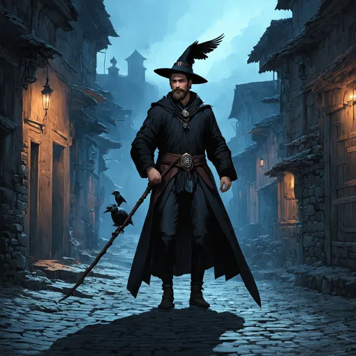 Prompt: (Full body) male witch with short hair and beard, holding a staff, raven familiar, exploring an abandoned town in the dark, pathfinder, d&d setting, in a drawn digital art style