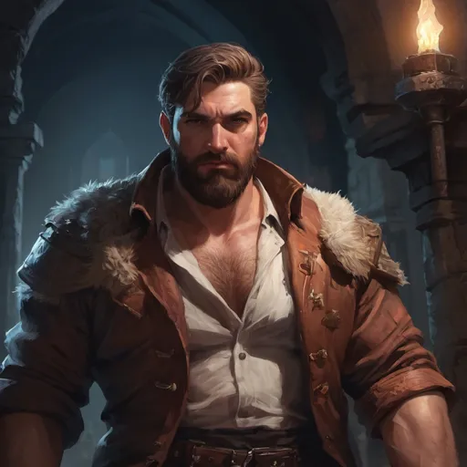 Prompt: Male stocky heavy-built spy with short-cut hair and beard, open shirt hairy chest, inside a temple dungeon at night, pathfinder, d&d setting, in a realistic high quality digital art style, enhanced shadow quality