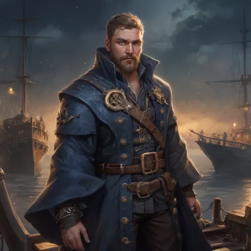 Prompt: (Full body) male stocky heavy-built pirate rogue with short dark-blonde hair and beard, blue eyes, wearing magic coat, on a ship by land at night, pathfinder, d&d setting, in a realistic high quality digital art style