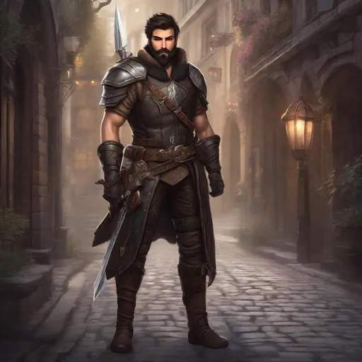 Prompt: (Full-body) A handsome rugged hairy male rogue with short dark hair and short beard, leather armor, hairy chest, holding a fantasy weapon, dark fantasy street, matte shaded illustration, realistic digital art