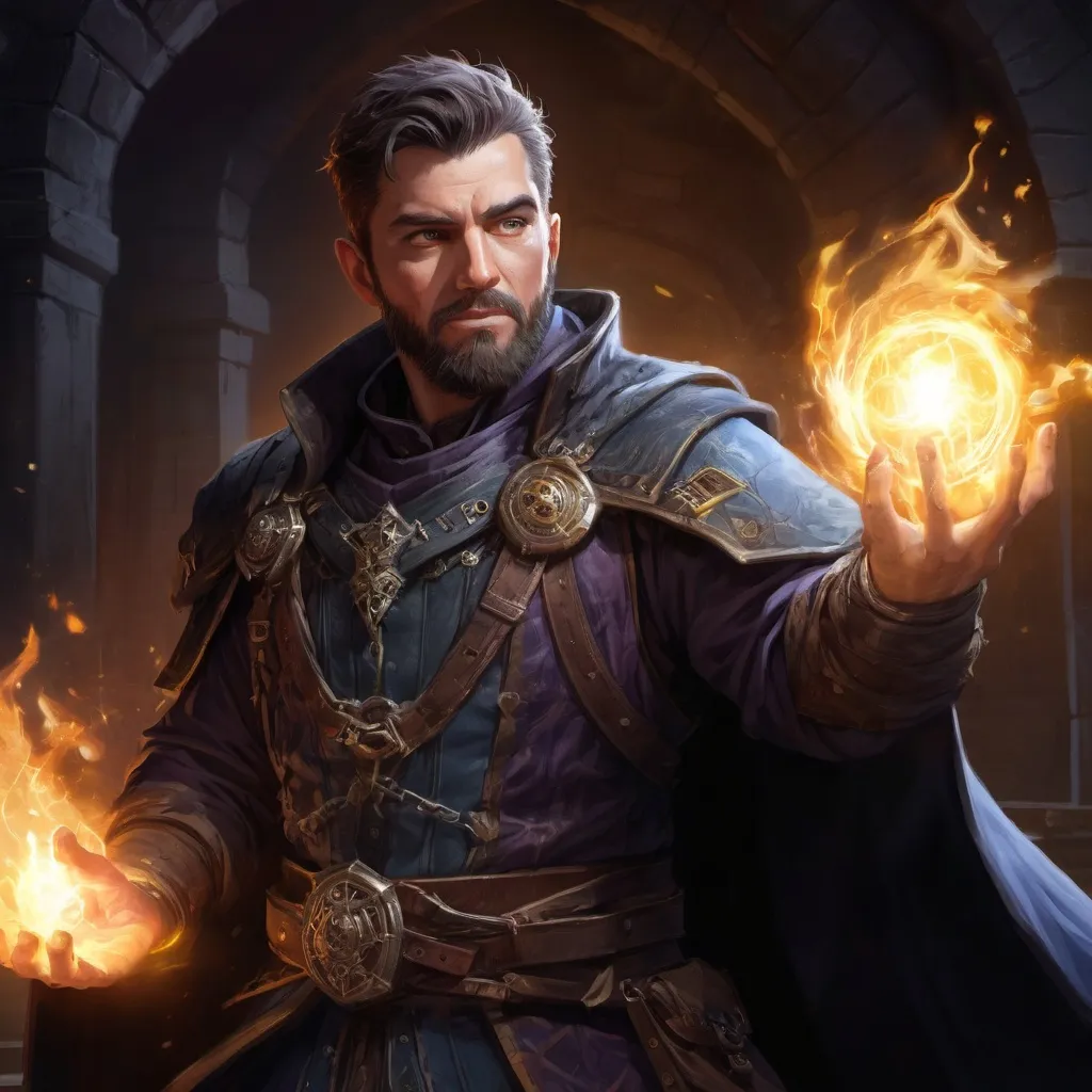Prompt: Male stocky large mature warlock with short-cut hair and beard, engaged in combat casting a bright spell inside of a dark dungeon, pathfinder, d&d setting, in a realistic high quality digital art style, enhanced shadow quality, colorful