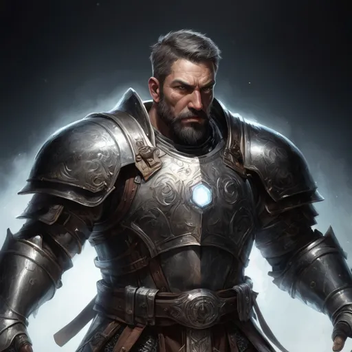 Prompt: Male stocky large mature muscular holy-paladin in armor with short-cut hair and beard, engaged in combat casting a white-light spell in a dark tresure room, pathfinder, d&d setting, realistic, enhanced shadow quality