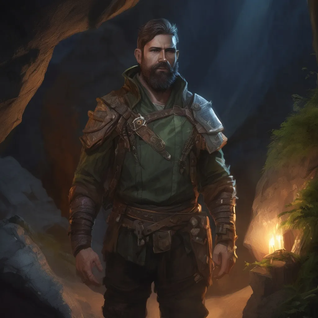 Prompt: (Full body) male stocky handsome arcane-ranger with short-cut hair and beard, in a forest cave at night pathfinder, d&d setting, in a realistic high quality digital art style