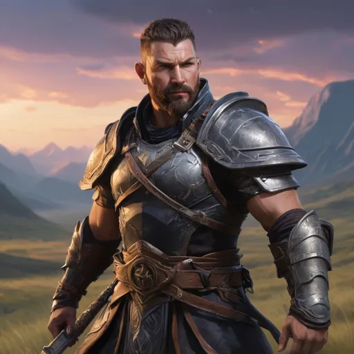 Prompt: Male heavy-set fit fat large 38-year old hunky arbiter with short-cut hair and beard, holding magic fantasy-weapon, on a windy field at dusk, pathfinder, d&d setting, enhanced shadow quality