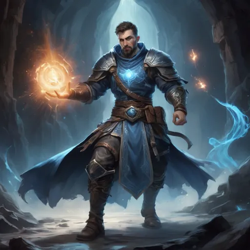 Prompt: Male stocky large battle-mage with short-cut hair and beard, engaged in combat casting a bright-azure spell, inside of a dark cavernous dungeon, pathfinder, d&d setting, in a realistic high quality digital art style, enhanced shadow quality, colorful