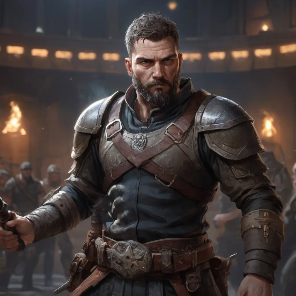 Prompt: Male stocky mature martial-fighter with short-cut hair and beard, in combat holding a weapon, inside of an arena at nigjt. pathfinder, d&d setting, in a realistic high quality digital art style, enhanced shadow quality